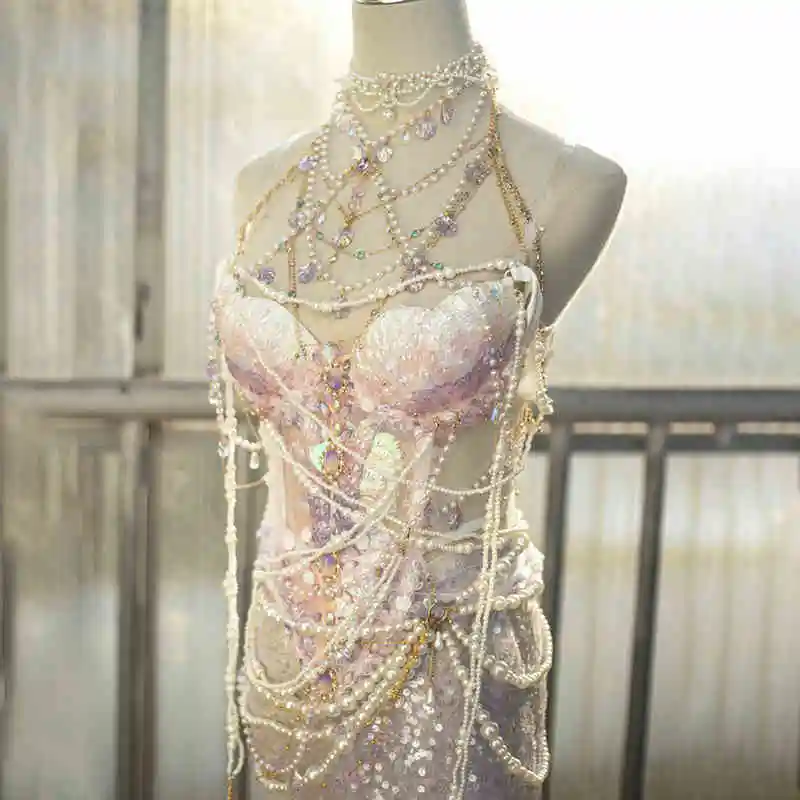 Women Mermaid Sequined Pearl Bra Dress Electric Syllable Sexy Performance Clothing Girl Night Club Bar Performance Suit