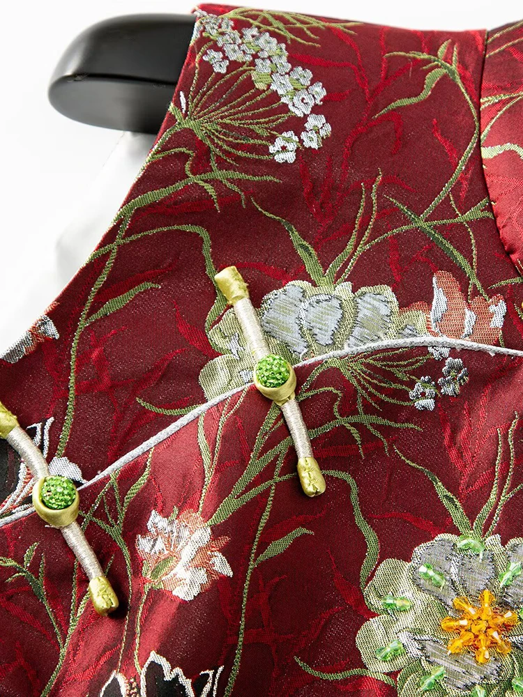 DSFACAIRIJ Beading Jacquard Dress For Women Stand Collar Sleeveless Chinese Style  Discoid Button Tank Dresses Summer Female