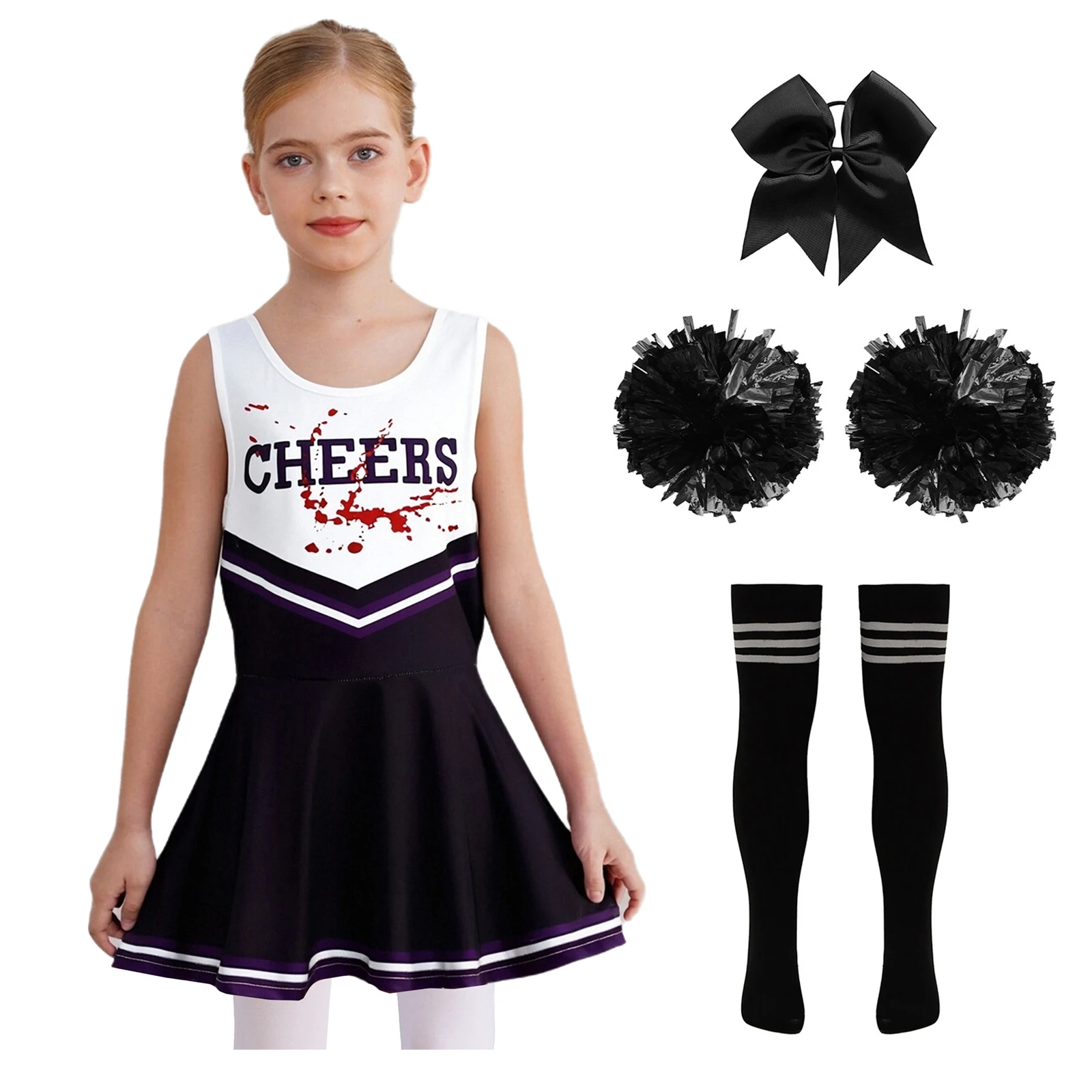 الفتيات المشجع تأثيري أزياء الهالوين البدلة إلكتروني طباعة المشجع الرقص وتتسابق مع الزهور الجوارب مجموعة الدعاوى التشجيع #6