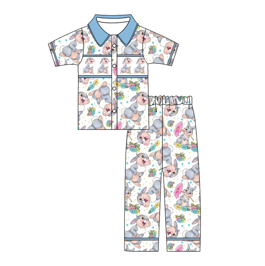 Fashion Kids Easter Outfit Lapel Collar Stretchy Cartoon Bunny Print Ruffled Casual Boys and Girls Child Pajama Set