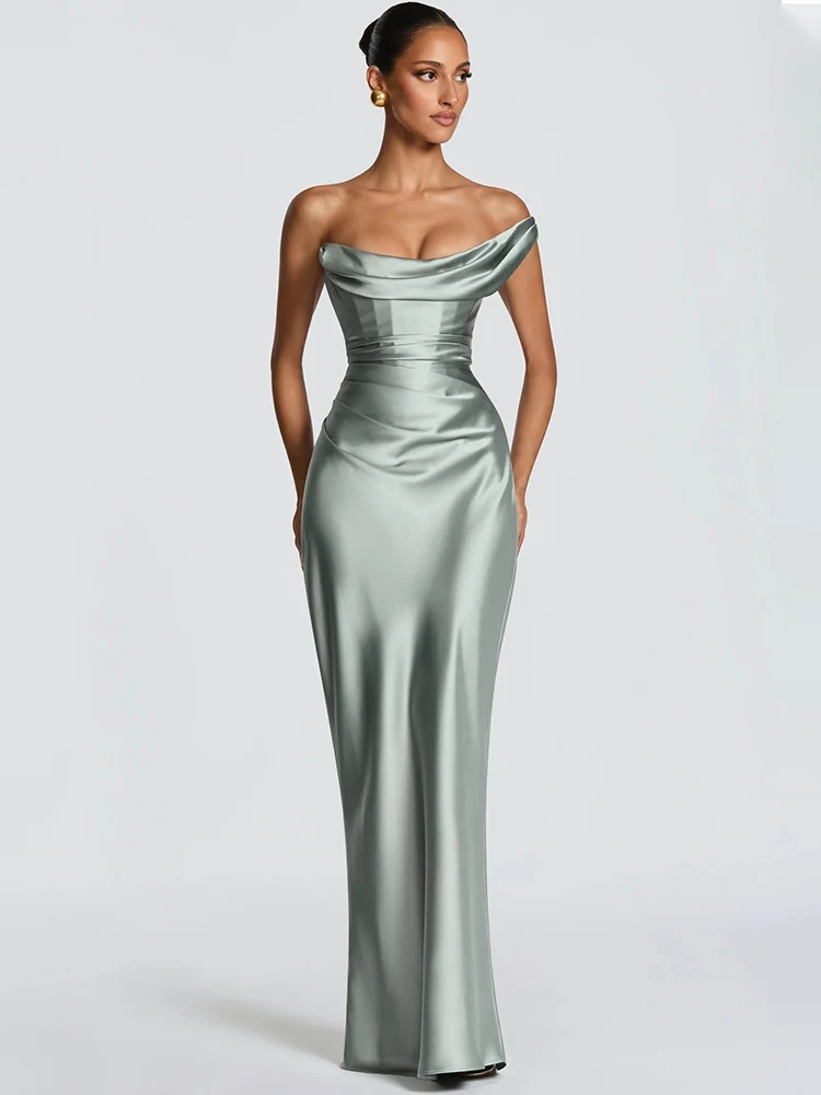 Mozision Elegant Satin One Shoulder Evening Dress Women Cowl Neck Sleeveless Bodycon Maxi Dress 2026 Spring Summer Party Gowns - view 3