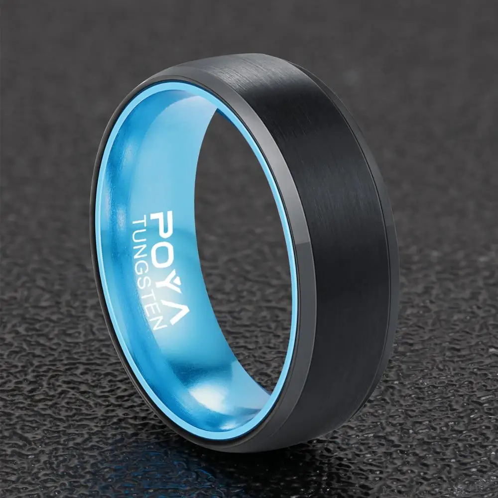 8mm Width Tungsten Dating Ring for Men Women Black Brushed Finishing Beveled Edges Inlay Anodized Blue Aluminum Liner Size 6-14