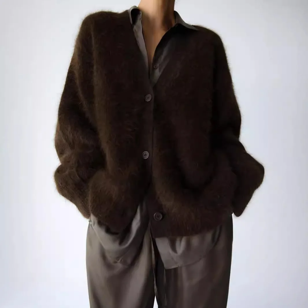 2025 nova europa e américa outono inverno preguiçoso solto de manga comprida com decote em v camisola casaco senhoras lã camisola de malha cardigan