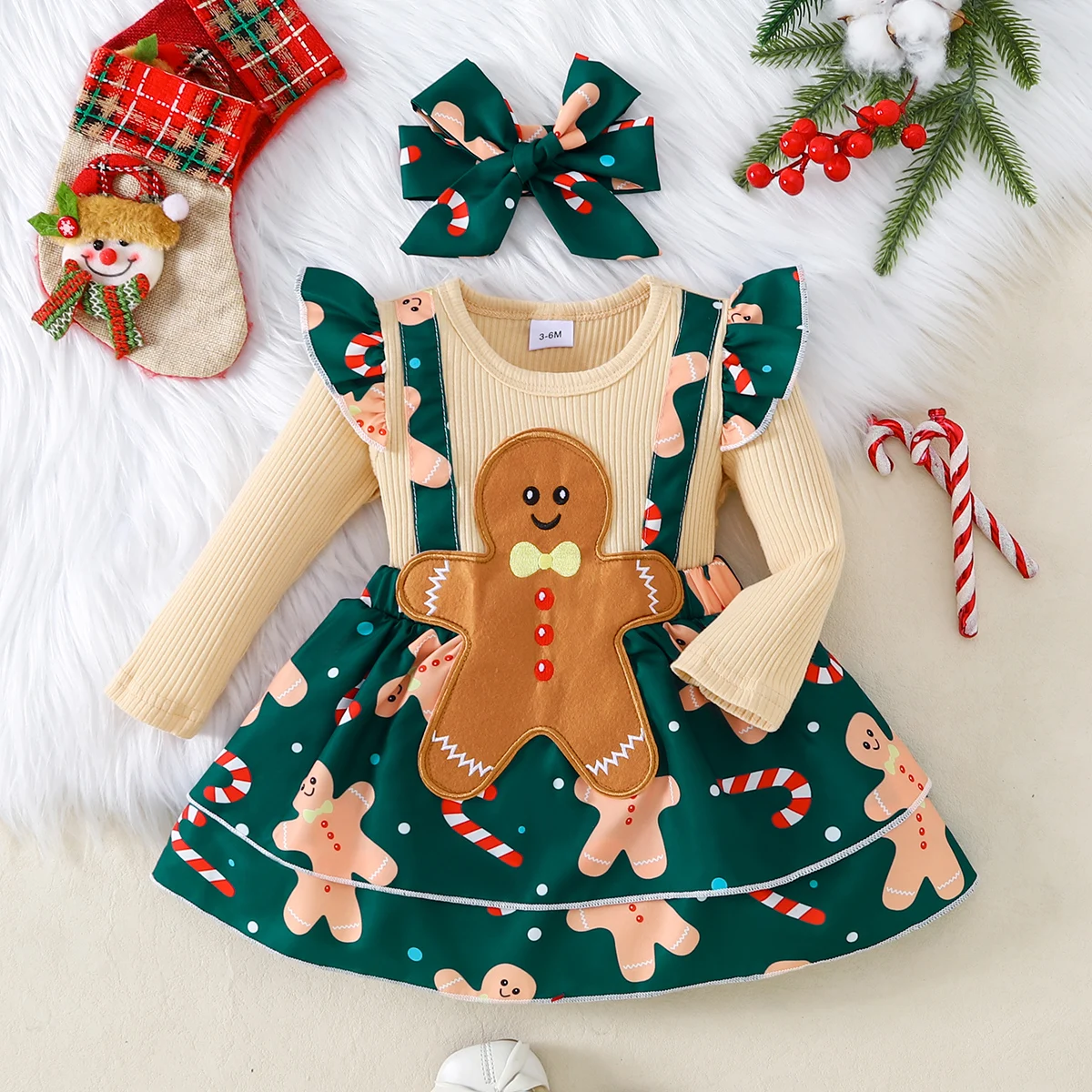 Christmas Theme Gingerbread Girl Outfit Set with Lace Sleeves Inner Match Printed Overalls And Big Bow Decoration Baby