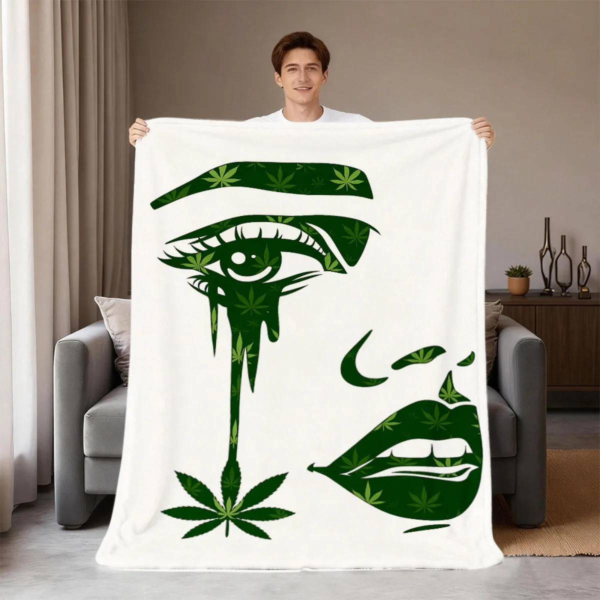 1pc 2D Green Cannabis Leaf Crying Eye Art 2026 Style TV Blanket Throw Blanket All-Season Vibrant Print Cozy Durable Portable Sof