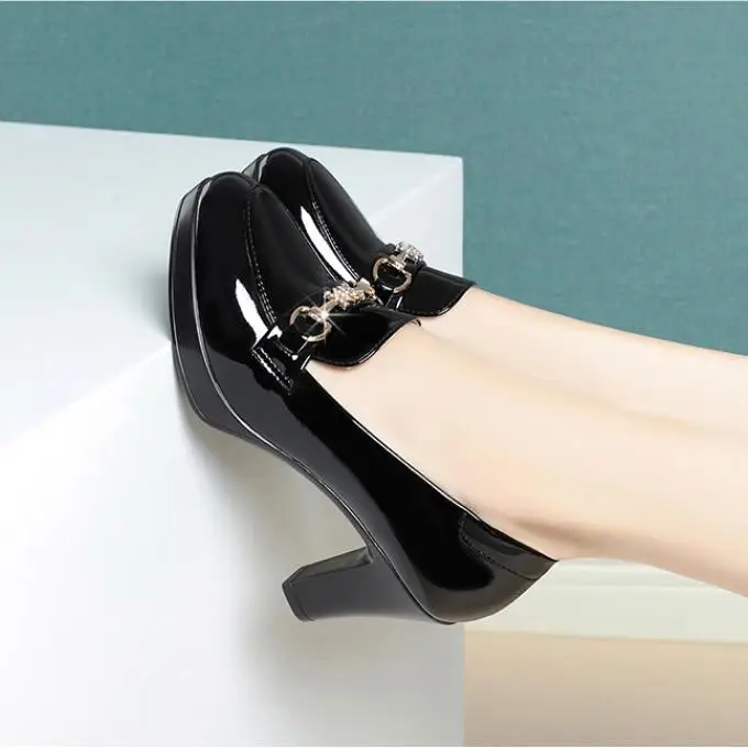 Autumn New Platform High Heels Women Round Toe Patent Leather Pumps Zapatillas Muje Female Party Elegant Model Office Work Shoes