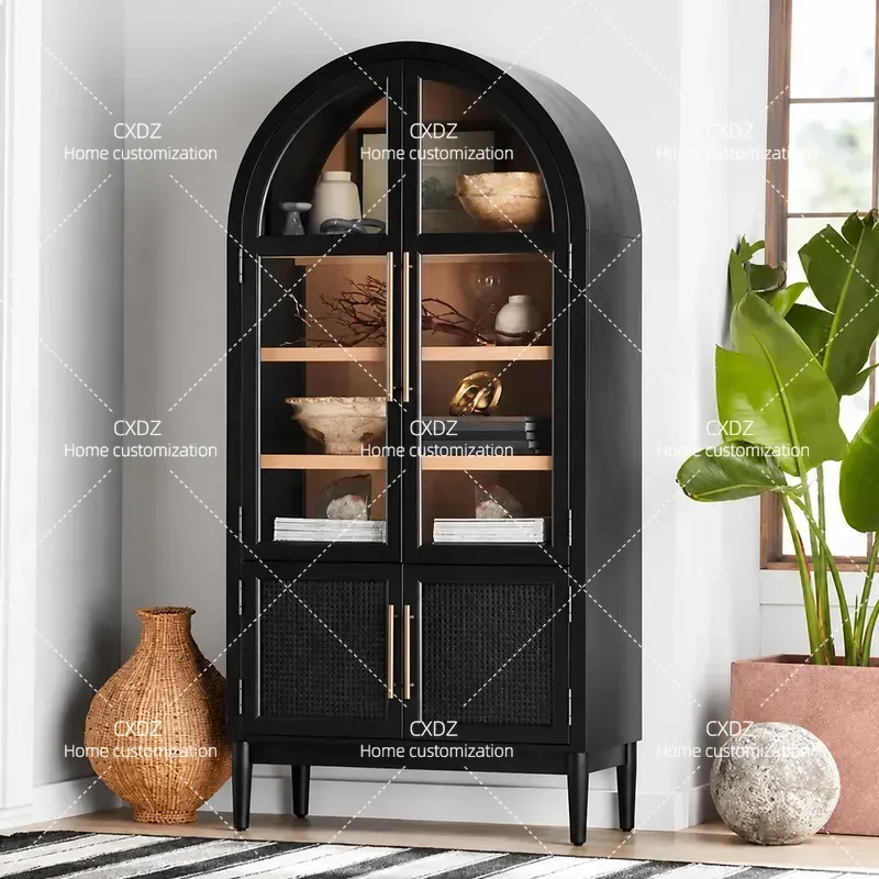 American light luxury solid wood bookcase simple living room black rattan storage side cabinet French retro arched decorative