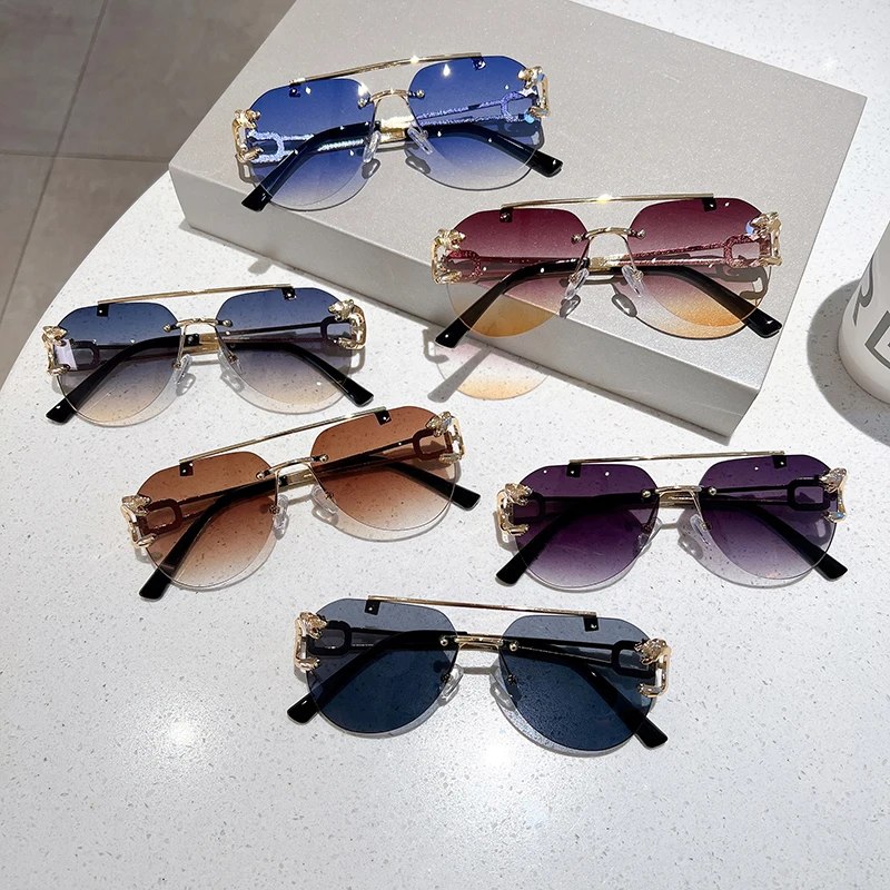 KAMMPT Vintage Rimless Men Sunglasses Trendy Pilot Gradient Outdoor Blue Shades Fashion Brand Women Sun Glasses for Driving