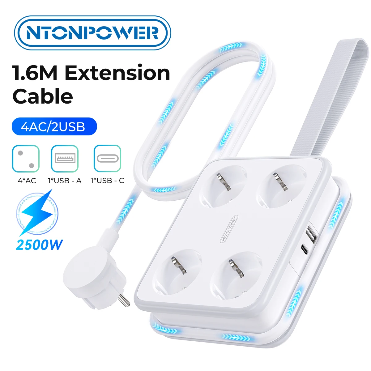 

Ntonpower Power Strip 4Outlets EU power extension With 45W USB-C USB Port EU Plug Extension Cord Network filter Multiple Sockets