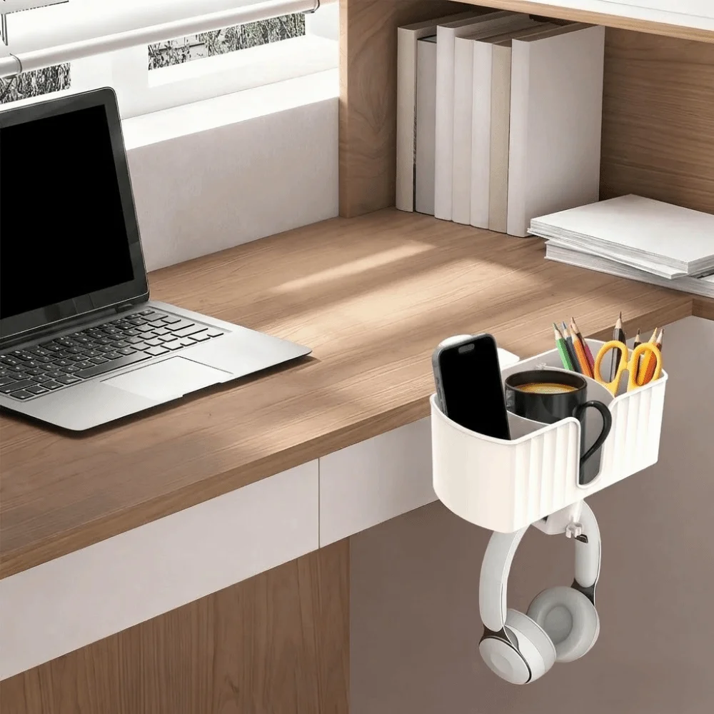 Plastic 4 in 1 Desk Headphone Hanger Space Saving with 2 Wire Holes Under Desk Cup Holder Detachable Clip-on Pen Cup Holder