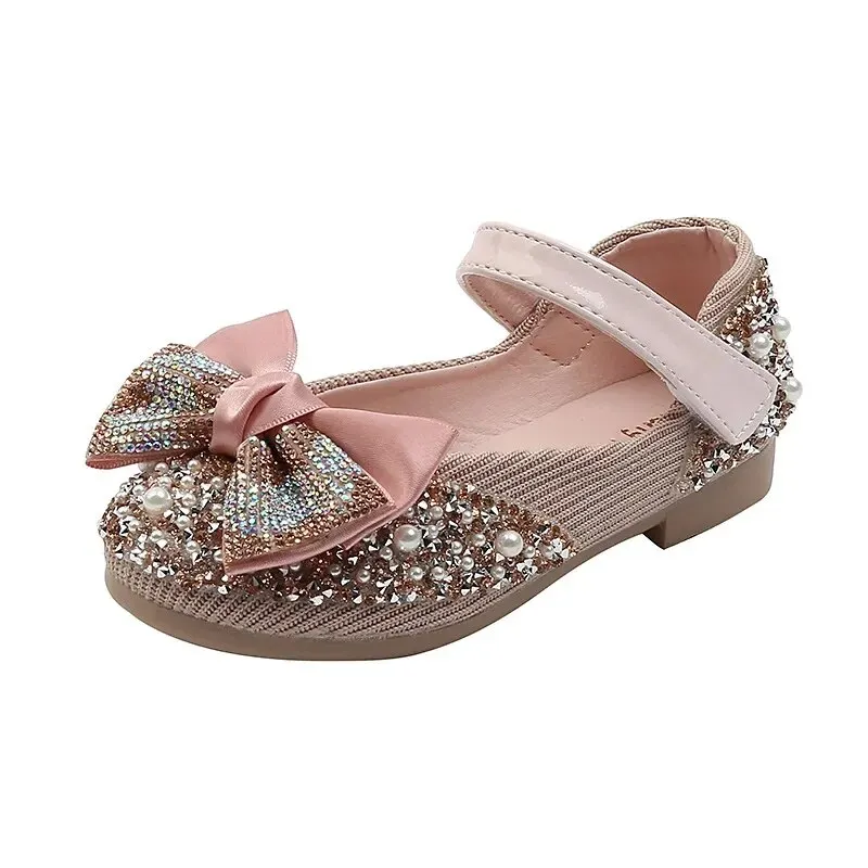 Skórzane buty dziecięce Rhinestone Bow Princess Girls Party Dance Shoes Baby Student Flats Kids Performance Shoes D785