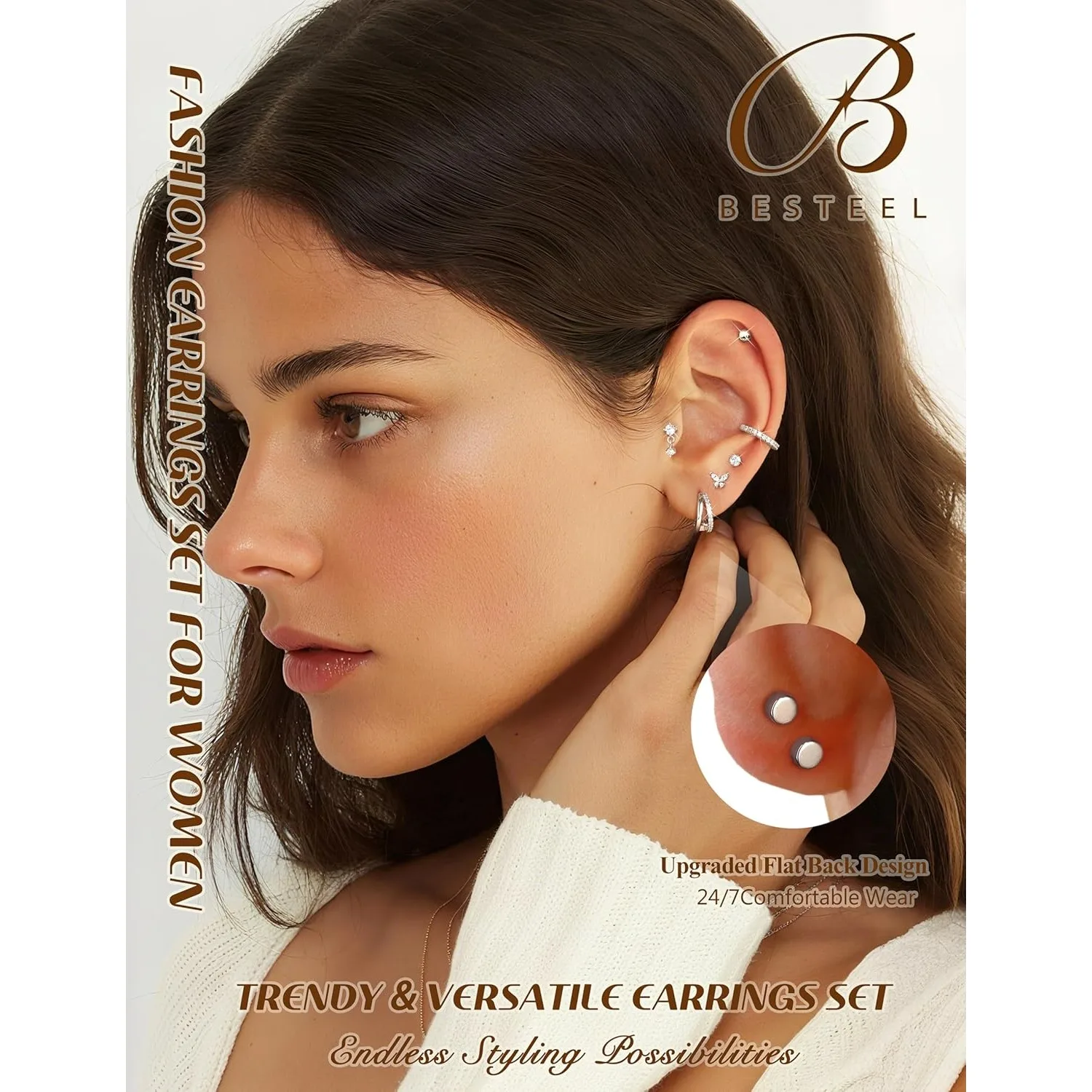 FASACCO Hypoallergenic Flat Back Stack Earrings 14K Gold Plated Cartilage Steel Flatback Stud Small Hoop For Sensitive Women