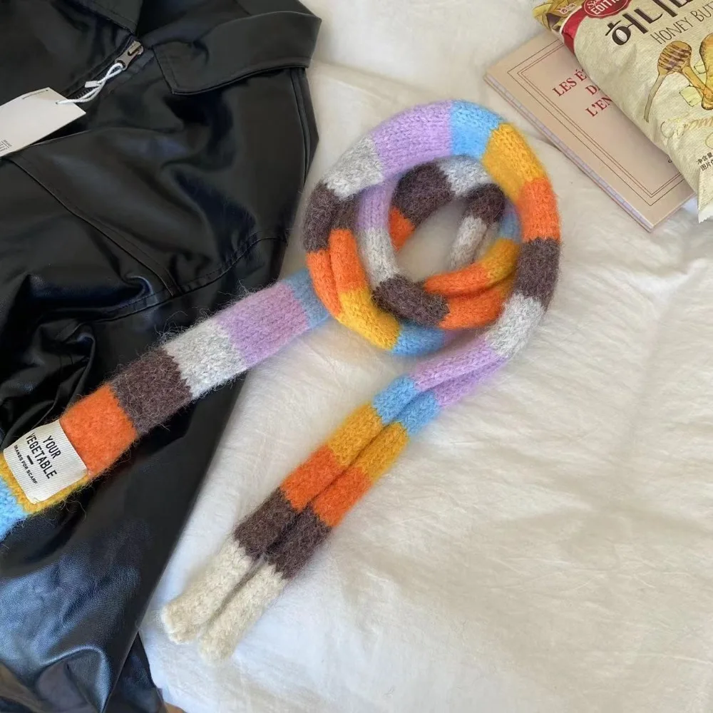 New Y2K Striped Scarf Knitted Wool With Warm Color Splicing Contrast Long Narrow Scarves Rainbow Color Winter Scarf