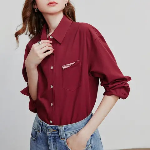TOYOUTH Women Blouse Shirt 2025 Autumn New Folded Pocket Solid Color Pure Cotton Shirt Tops