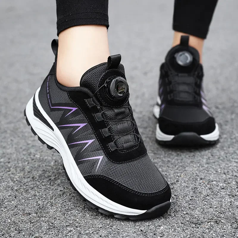 Zapatos con botones para mujer, zapatillas deportivas de malla transpirable sin encaje, para correr al aire libre, Fitness, EVA, antideslizantes, otoño