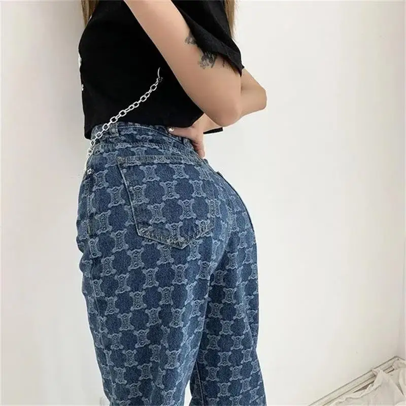 Jeans Wanita Jacquard Biru 2023 Celana Kaki Lebar Longgar Pinggang Tinggi Baru Cocok untuk Dipakai Musim Semi Musim Gugur yang Nyaman dan Modis