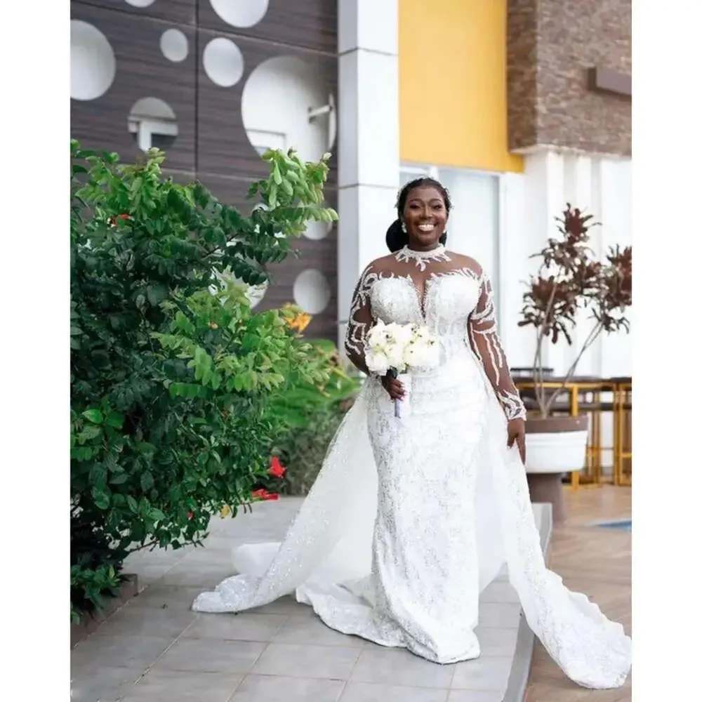

Customized Arabic Sequined Lace Mermaid Wedding Dress White Detachable Train Bridal Gowns Dresses