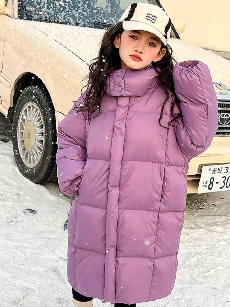 Winter Warm Girls Plain Long Cotton Lined Drawstring Hood Zip Puff Jacket School Kids Thick Coat Child Outfit Windbreaker 5-16Yr