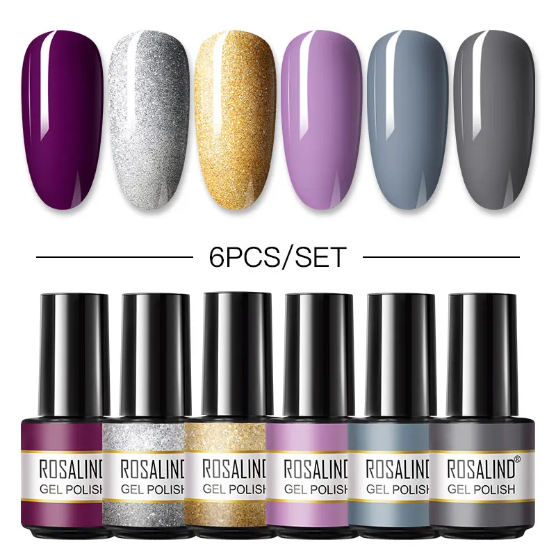 ROSALIND Gel Nail Polish Set Pure Color Nail Kit Glitter Vernis Semi Permanent Nail Art Base Top Coat UV LED Gel Polish Set