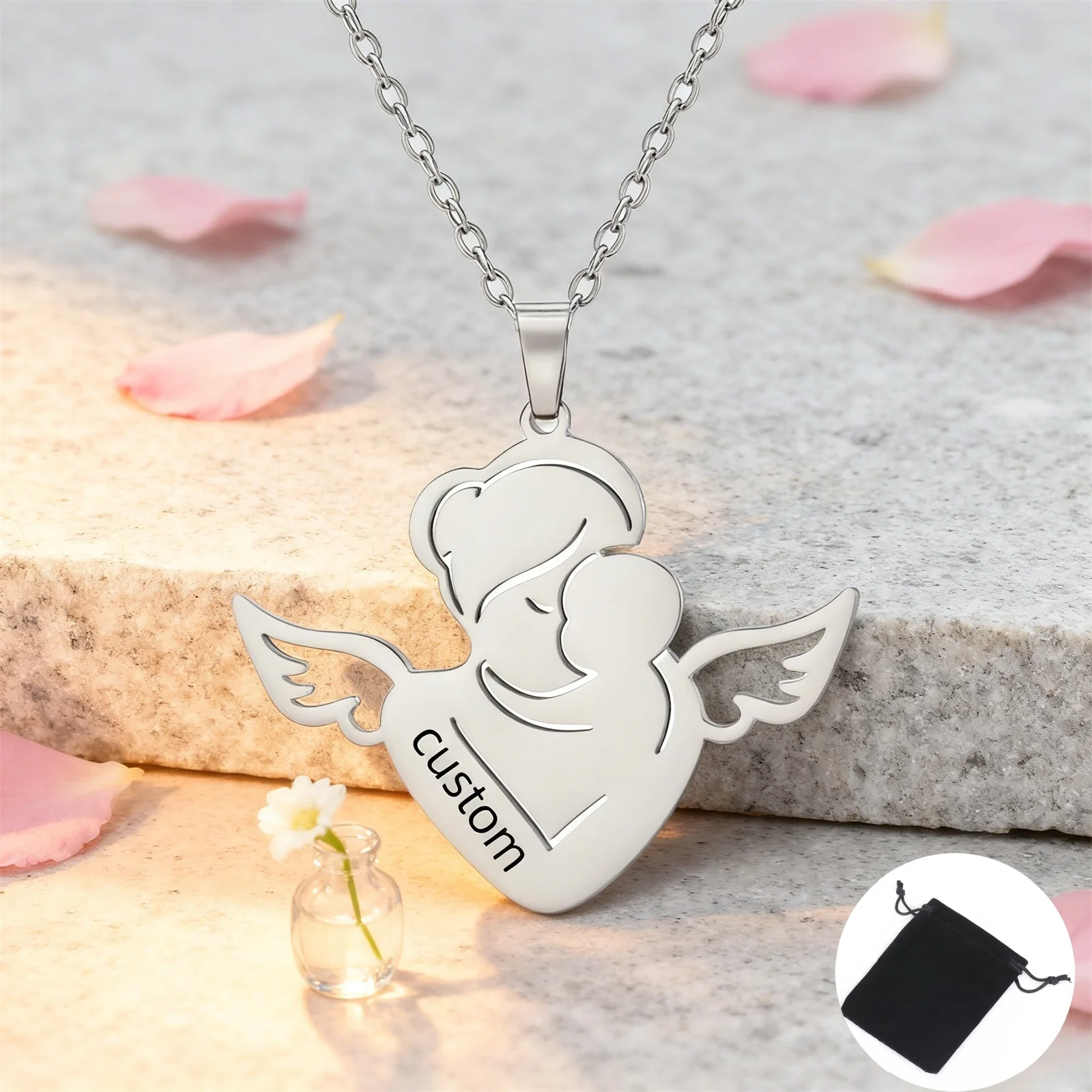 カスタマイズされた名前日付エンジェルママネックレスステンレス鋼パーソナライズされた名前ファッション母の愛ネックレス母の日ジュエリー