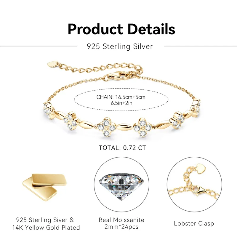 Anizw 2024 New Trendy 925 Silver 18k Gold Plated Flower Bracelet Moissanite 2mm D Color Chain Bracelet for Women Wedding Jewelry