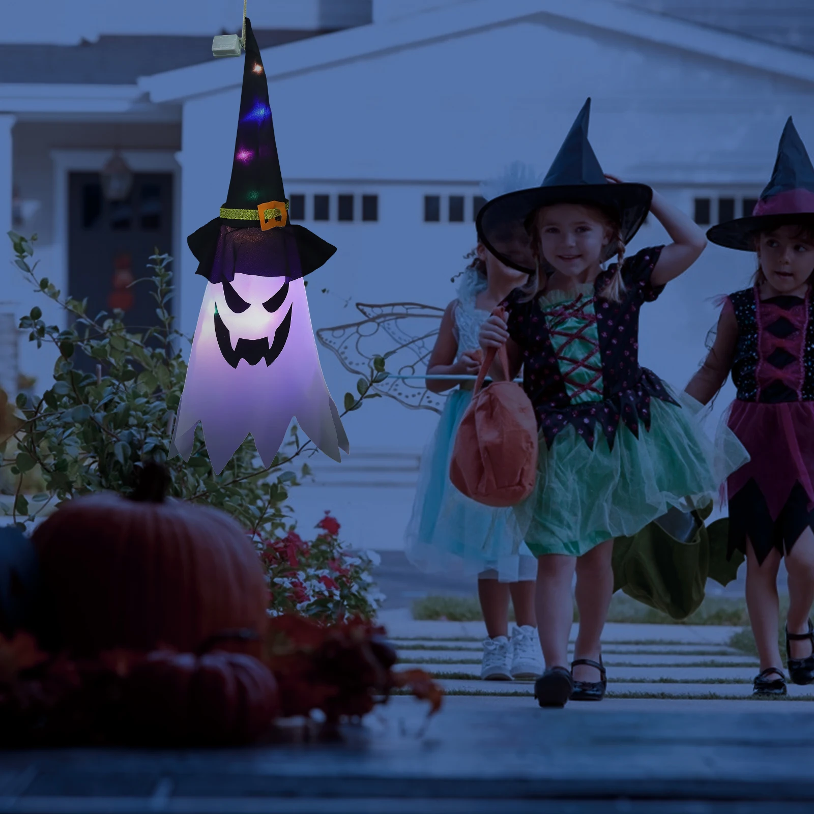 

2pcs Halloween Hanging Light Outdoor Yard Tree Decoration Grimace Ghost Led Lamp Party Festival Decor Haunted Hat