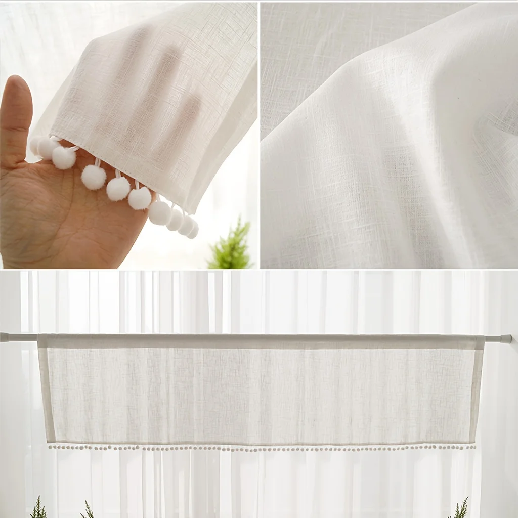 1Pc Cross Gauze Ball Short Curtain, Bohemian Pastoral Style Plain Rod Half Curtain, Restaurant Kitchen Semi-Blackout Cross Pattern Gauze Curtain Partition Decorative Coffee Curtain
