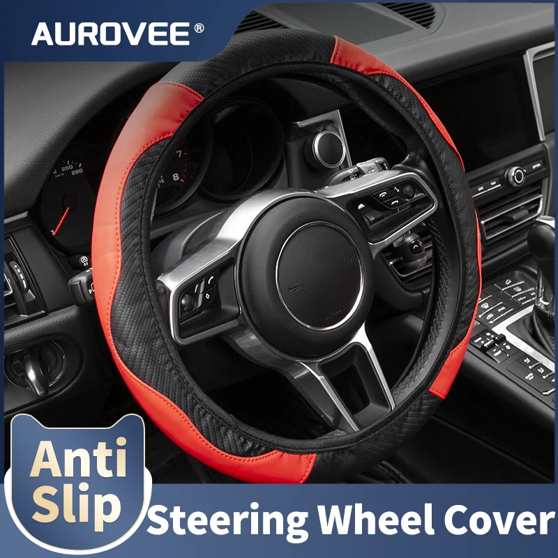 

Aurovee Car Steering Wheel Covers Leather Steering Wheel Cover Wrap Universal Anti-Slip 38cm Steering Covers Car Accessories