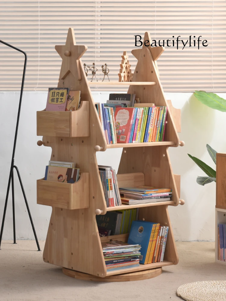 Children's bookshelf, picture book rack, all solid wood storage, learning multi-layer log color, solid wood rotating bookcase