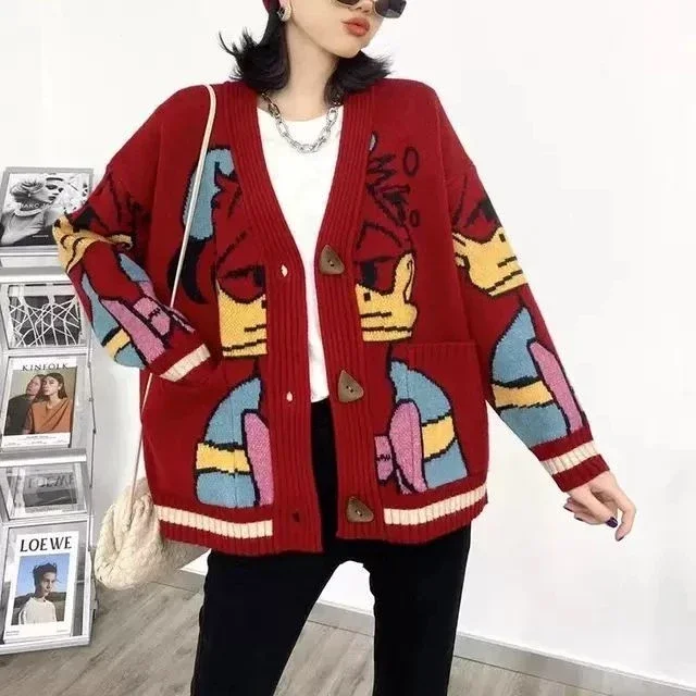 Disney cartoon Donald Duck jacquard knitted cardigan jacket sweater women new spring and autumn Korean version loose lazy style