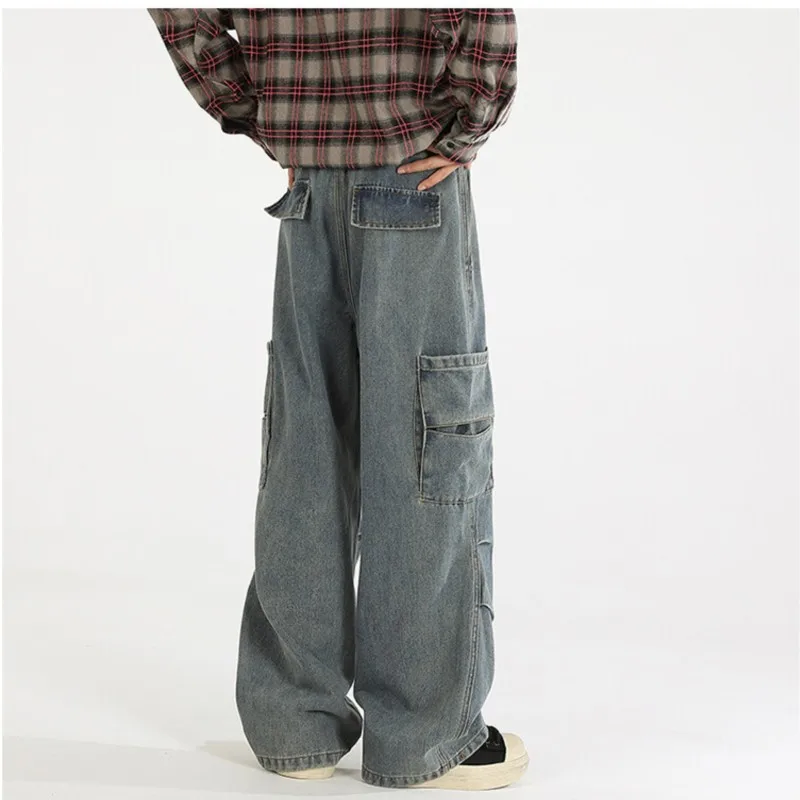 

Свободные прямые джинсы, мужские джинсовые брюки-карго, осенние однотонные повседневные брюки со средней талией и большим карманом, унисекс, повседневная одежда для бега