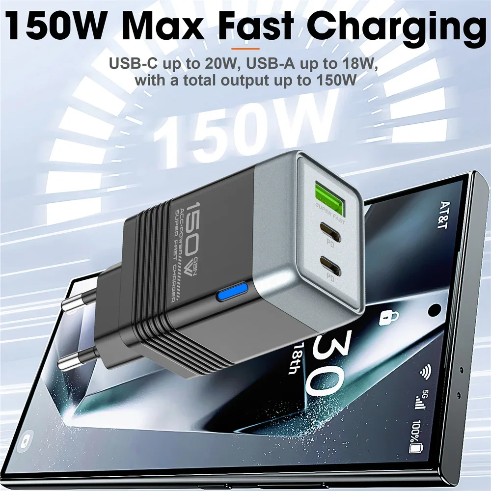 150W USB Type C GaN Charger PD QC3.0 3Ports Fast Charging Phone Charger Travel Adapter For iPhone17 Samsung Xiaomi EU/US/UK Plug