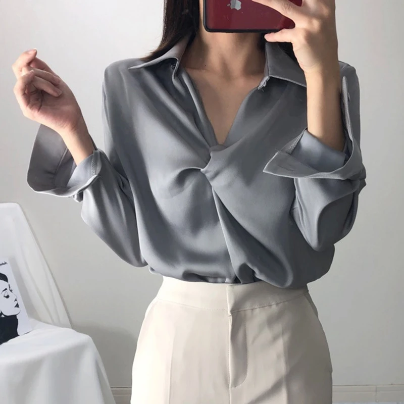 Blouses for Women Fashion Temperament Lapel Glossy Twisted Loose Long Sleeved Shirts White Pink Lady Top Femme Shirt