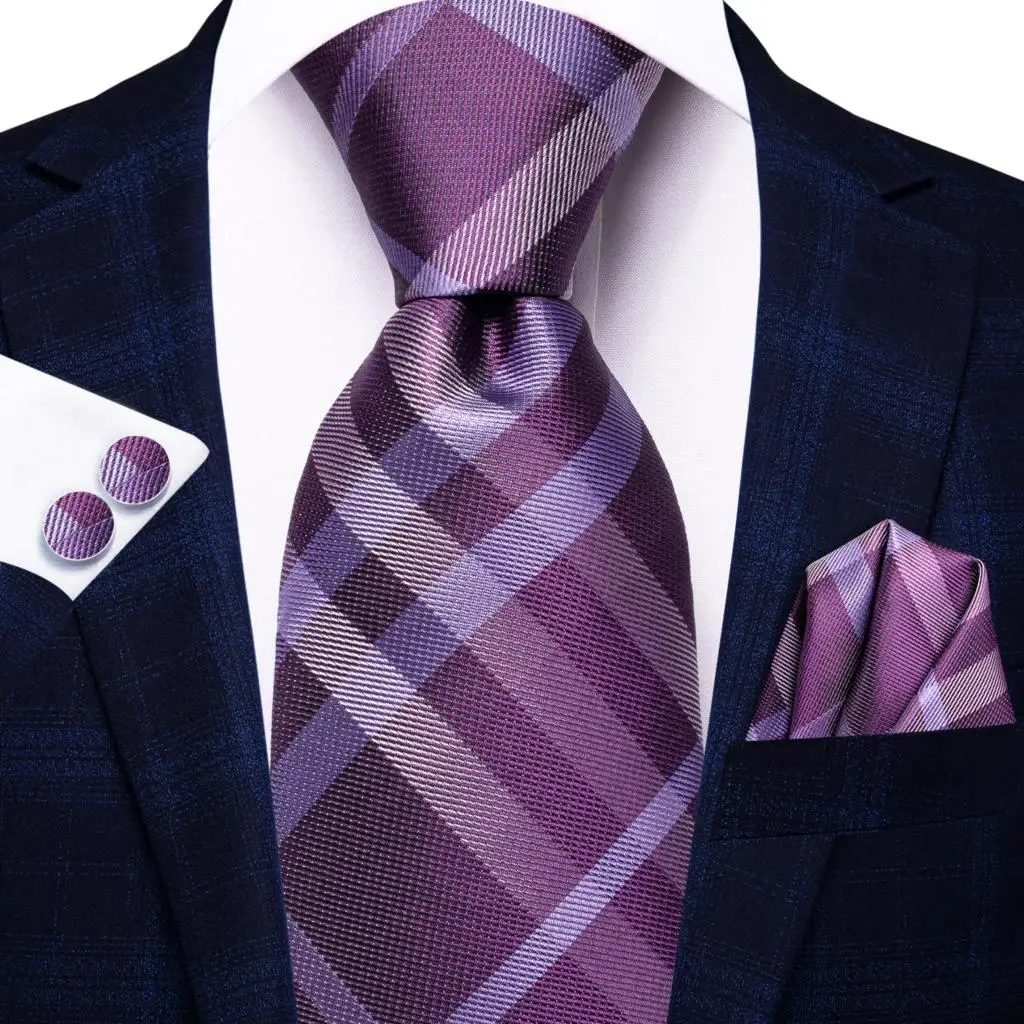 

Purple White Plaid Silk Wedding Tie For Men Handky Cufflink Gift Men Necktie Fashion Business Party Dropshiping Hi-Tie Designer