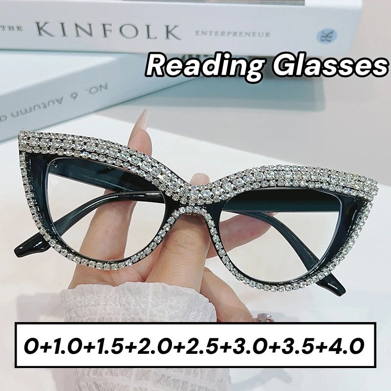 

Cat Eye Diamond Studded Reading Glasses Personalized Luxury Women Presbyopia Glasses Men Anti Blue Light Far Sight Eyeglasses