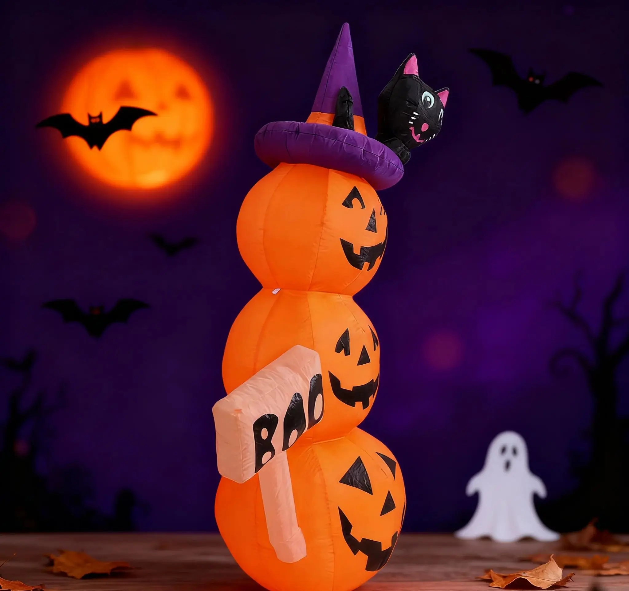 5FT Halloween Inflatable Three Pumpkins with Black Cat Decor Blow up Pumpkin Stacked Halloween Decorations Outer Decoration