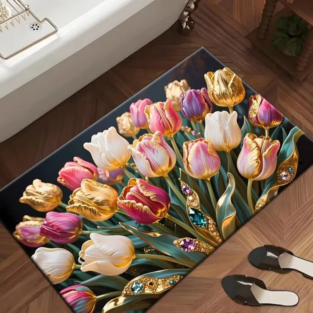 

Vintage Diamond Flower Bath Mat Non Slip Super Absorbent Bathtub Floor Rug Soft French Style Bathroom Shower Mat Home Decor