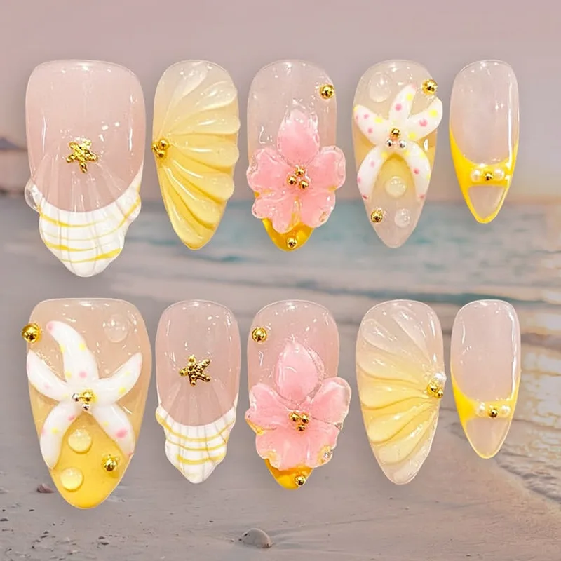 24Pcs Mid-length Almond Fake Nails Press on Yellow Gradient French Wearable False Nails 3D Flower Starfish Full Cover Nails Tips