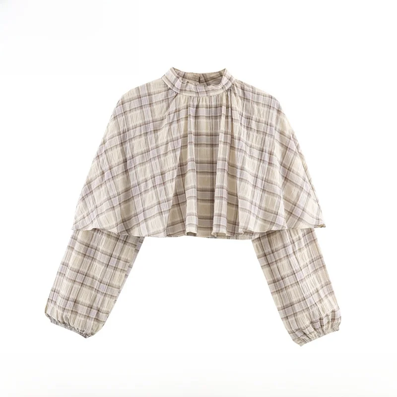 

EVEA New Women's Faion ort Decorative Layered Plaid Top Polyester Fiber Elastic Sve Long Sve Regular Thin