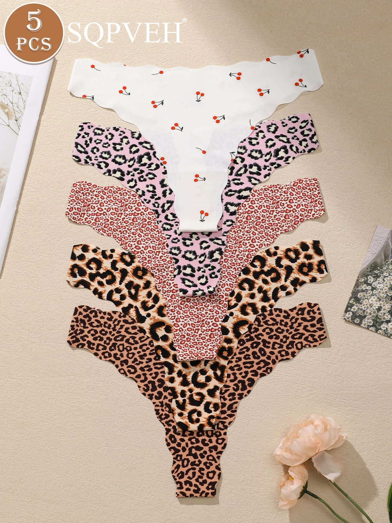 5PCS Scalloped Edge Leopard Cherry Print Thongs, Seamless Invisible Ultra Stretchy Soft Breathable Mixed Pattern Women Underwear