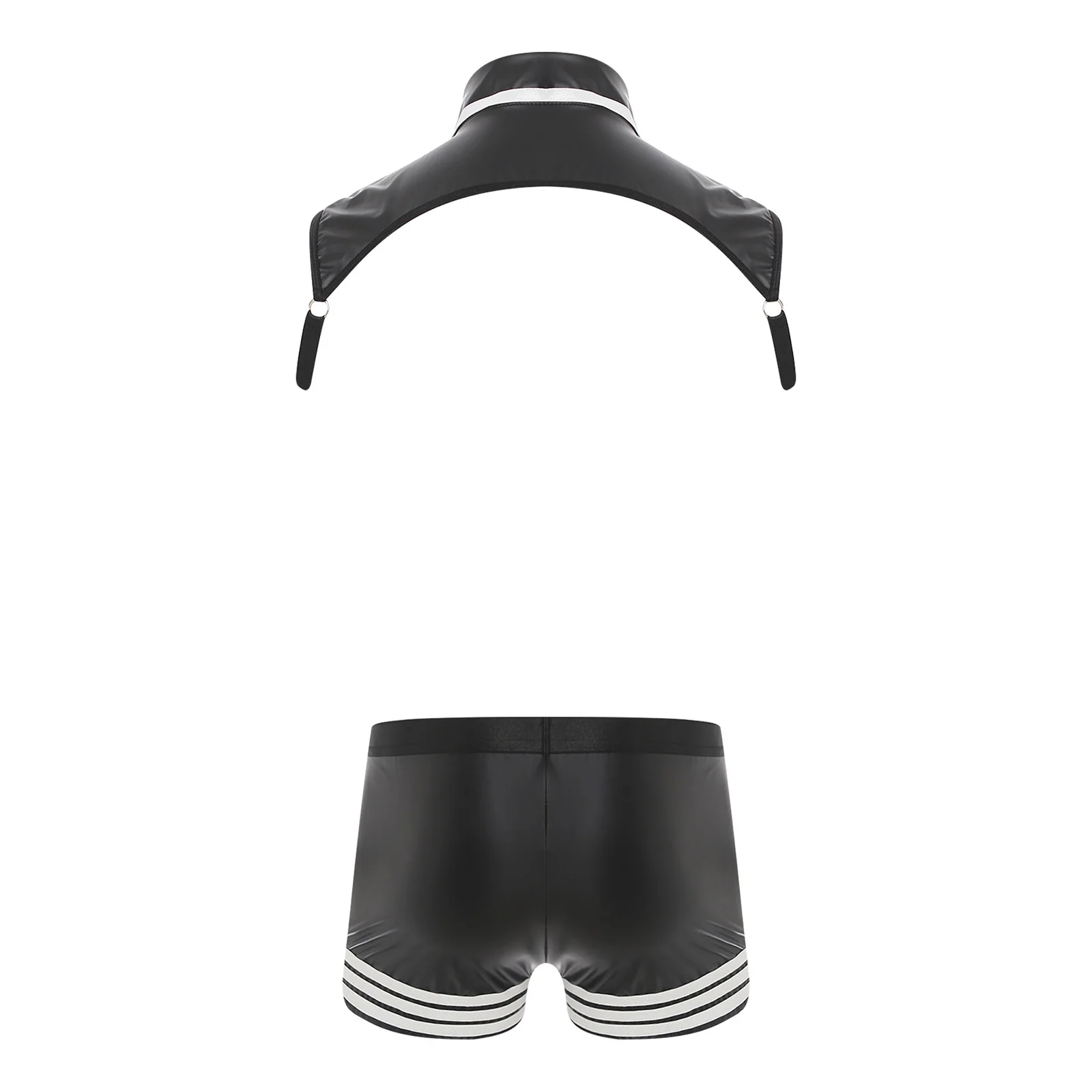 ชุดชั้นในชายลายทาง ชุดครอปท็อปผูกเนคไท พร้อมเสื้อคลุมและกางเกงบ็อกเซอร์ หนังเทียมเนื้อนุ่ม ชุด 2 ชิ้น สำหรับใส่ไปไนต์คลับหรือออกเดท