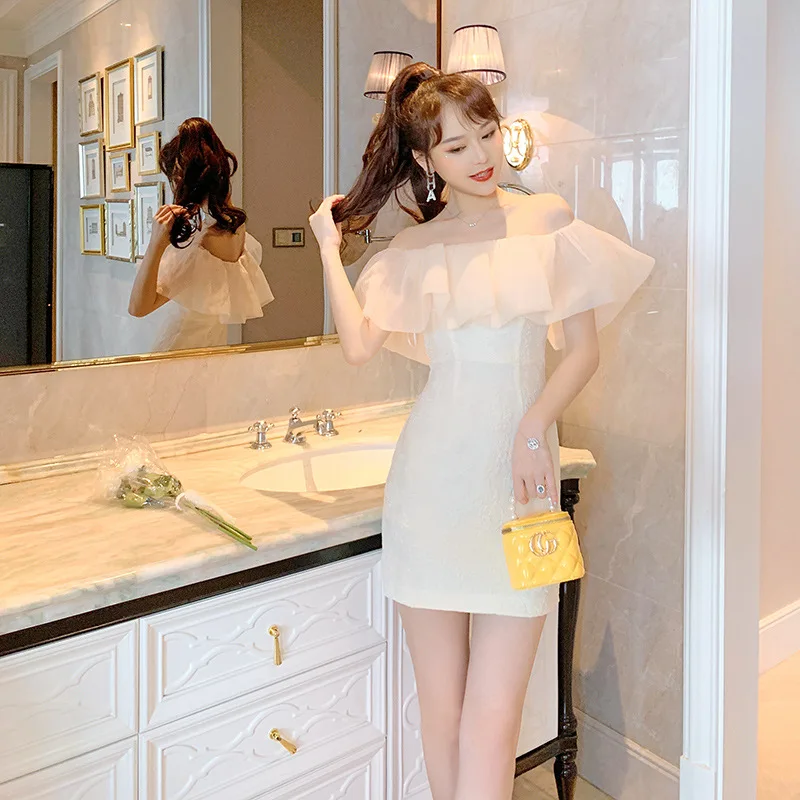 Vestido feminino de malha com ombros de fora, patchwork, temperamento com babados, verão, nova fada respirável