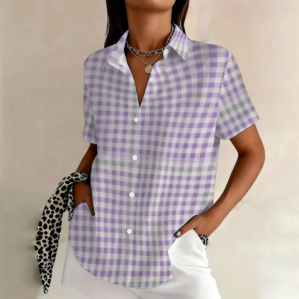 Personalized and minimalist checkered printed summer women's plus size lapel short sleeved shirt, daily casual versatile top