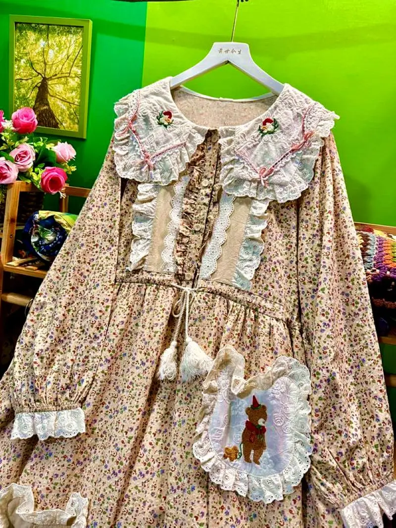 Autumn Cotton Ruffed Lace Sweet Bow Lolita Patchwork Midi Dress for Women Mori Girl Kawaii Japanese Harajuku Rococo Long Dress