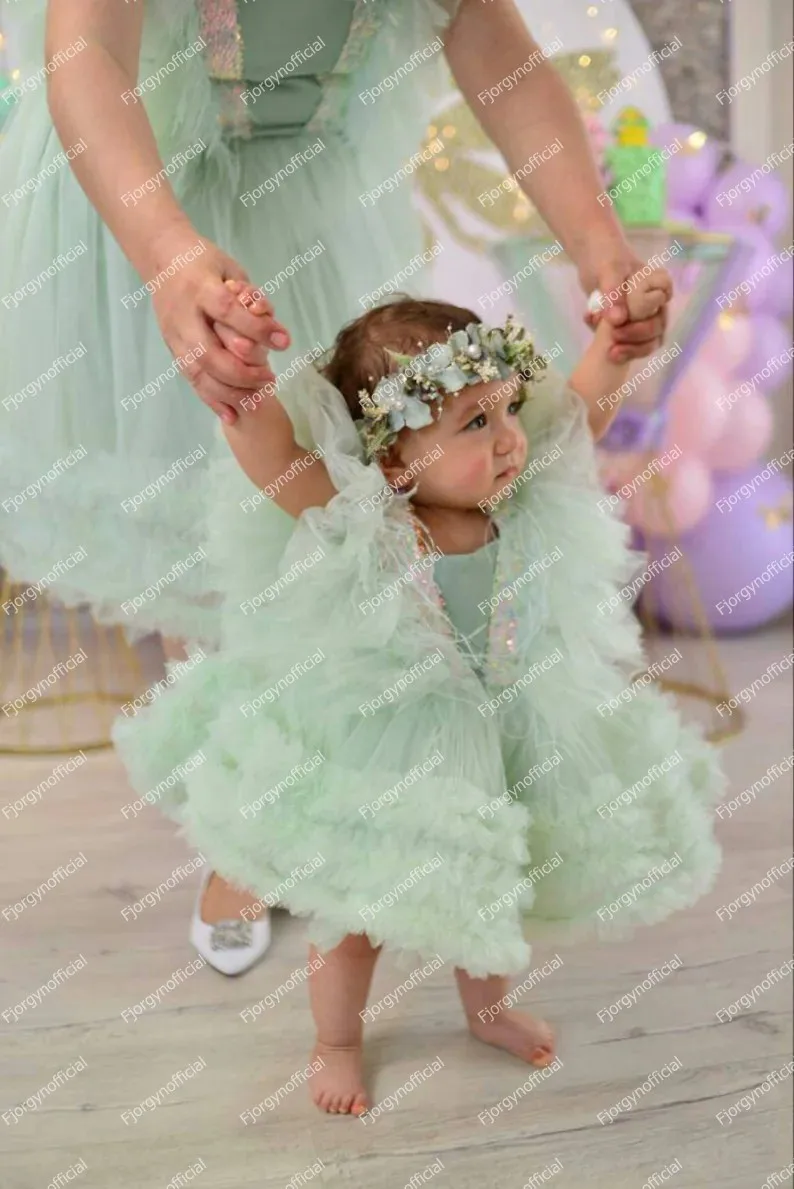 Cute Mint Green Mother And Kid Tulle Dresses For First Birthday Party Mom And Me Matching Gowns Sleeves Evening Dress Prom Gown