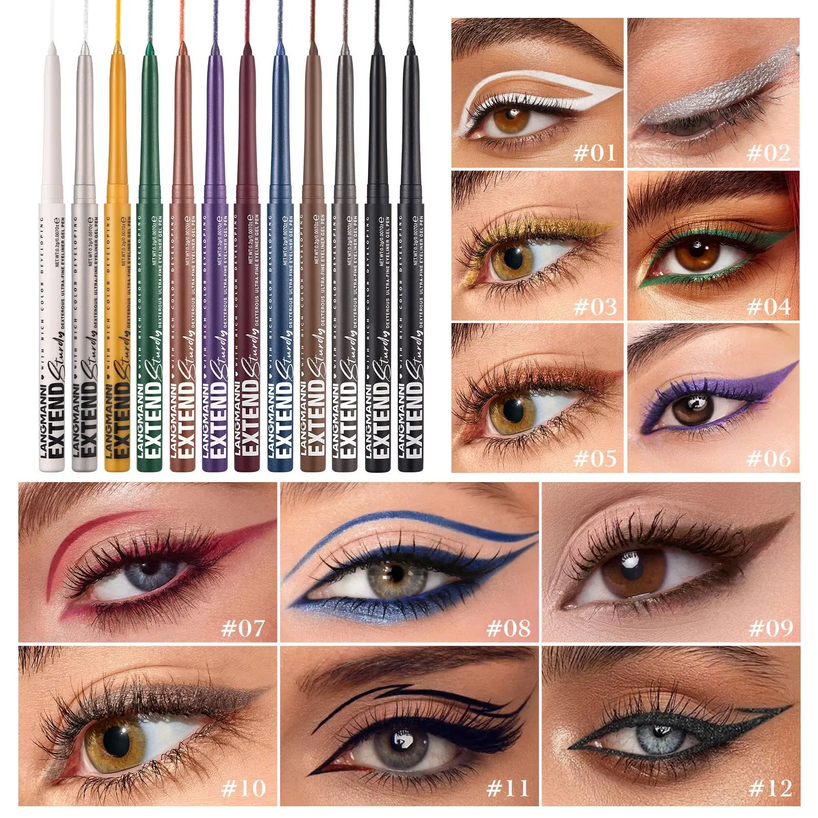Eyeliner Gel Pencil Single Pack 12 kleuren om uit te kiezen, soepel en kleurloos, langdurig, vlekvrij