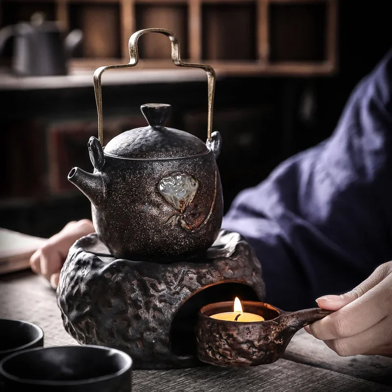 Zen Lotus Loop-Handled Teapot Warm Tea Sets Candle Warm Tea Base Teapot Teacup One Pot Four Cups Kung Fu Tea Set Mini Set