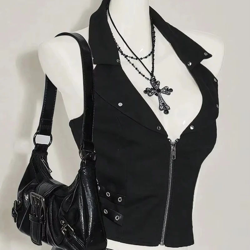 Y2K Temperament Commuting Solid Color Halter Sleeveless Leisure Top Collar Zipper Rivet Detail Slim Fit Crop Top Women's Clothes