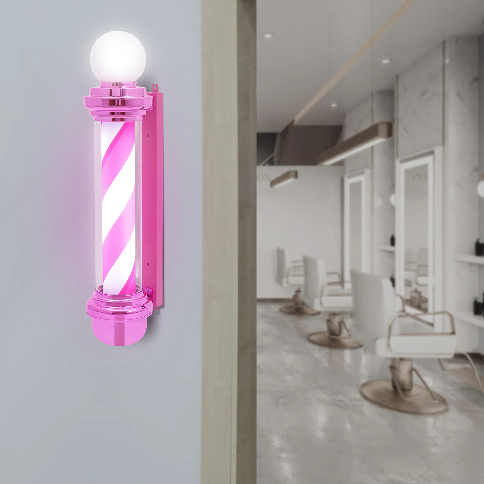 

Barber Pole with LED Light, Barber Shop Rotating Light, Wall Mount Barber Outside Pole, for Hairdressing, Salon Spa (Pink+White)