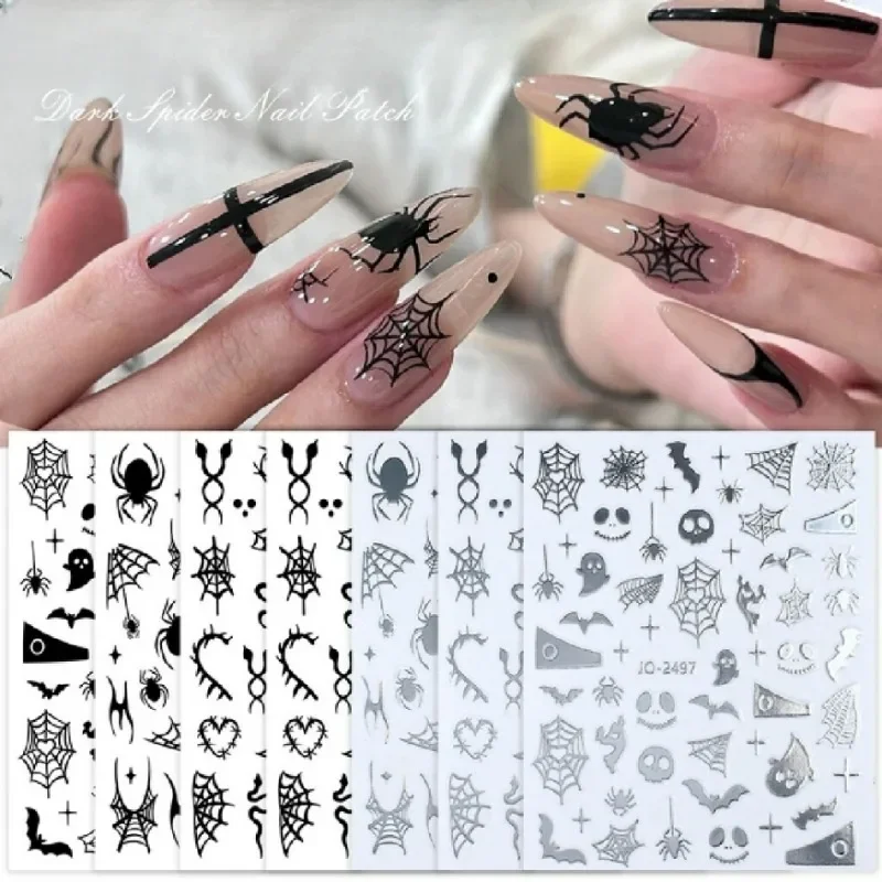 Halloween Nail Stickers Spider Web Pumpkin Ghost Skull Head Self-Adhesive Halloween Black Nail Art Design Decals Sticker Decor